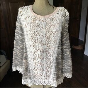 Anthropologie Champagne & Strawberry Emerson Sweater M Cream Crochet Lace Beige